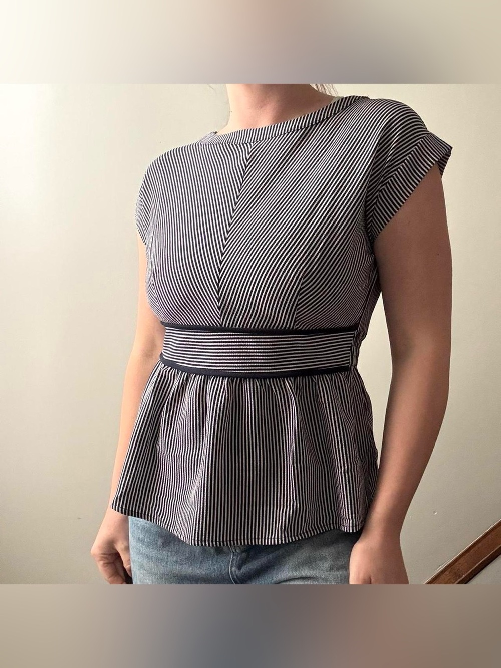 Monteau navy and white vertical striped peplum short sleeve top
